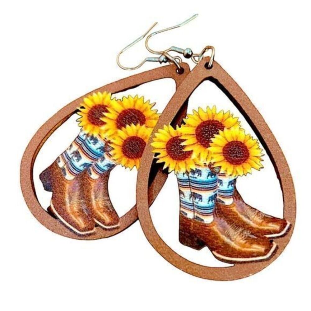 Rustic Country Chic Sunflower & Rodeo Boot Wooden Teardrop Earrings Festival
